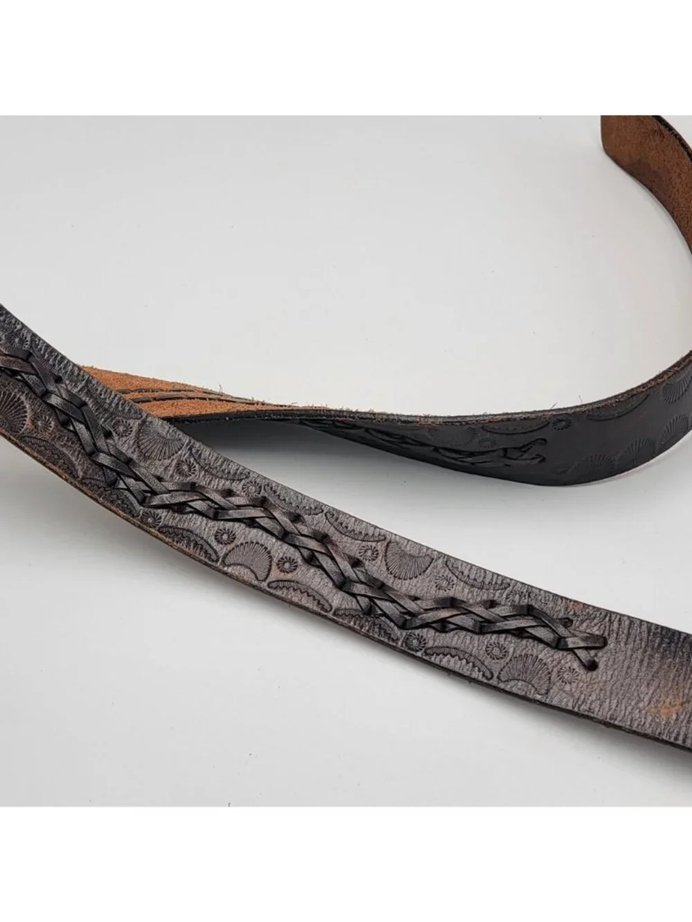 Vtg Y2k J.Crew Tooled Leather Belt With Brass Buckle Dark Brown  Unisex Size 38